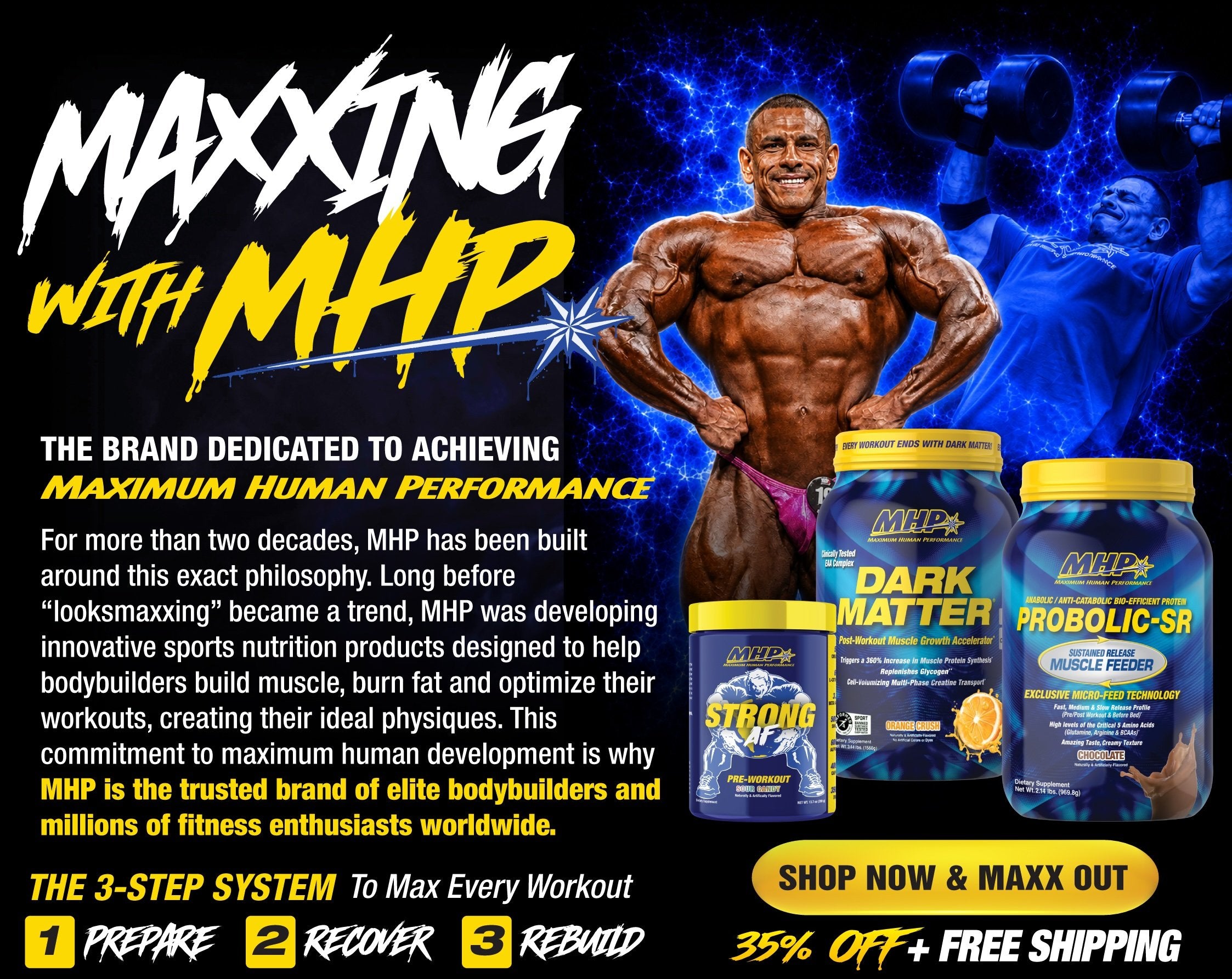 Maxxing with MHP. The brand dedicated to achieving Maximum Human Performance. The 3-step system to max every workout: prepare, recover, rebuild. 35% off plus free shipping.